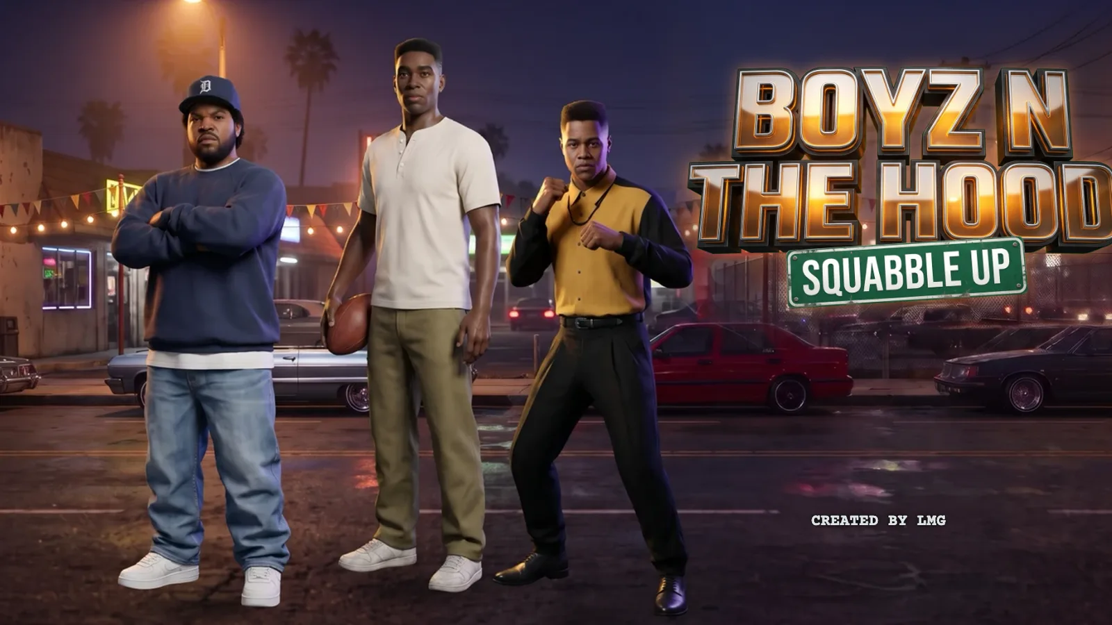 Boyz n the Hood Squabble Up title screen: three fighters on a night street in South Central